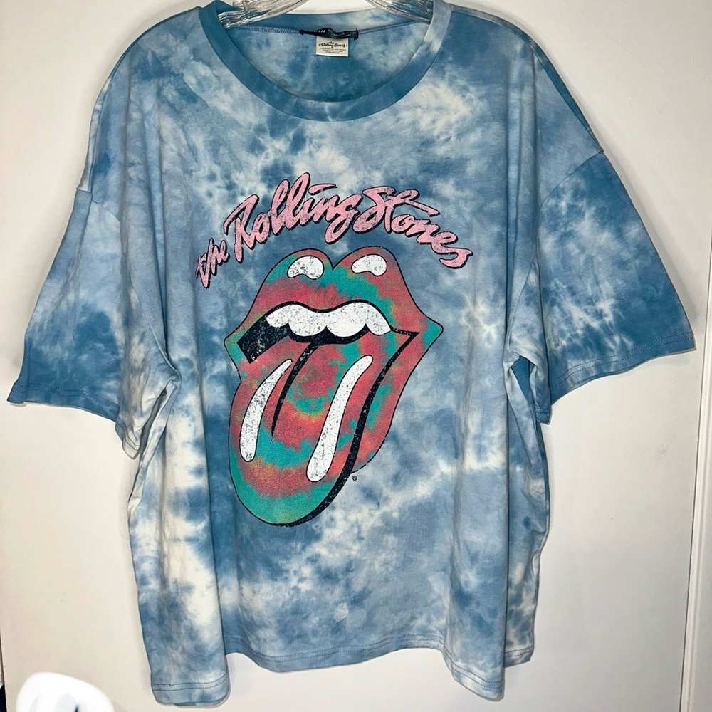 Shein Rolling Stones Tongue Out Tie Dye Light Blue Graphic Unisex T-Shirt Large
